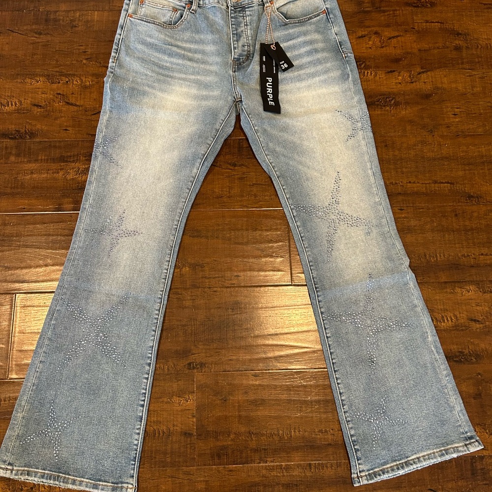 Purple Light Wash Flare Jeans with Rhinestone Star Design